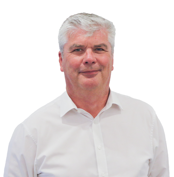 A portrait of Ian Mulholland, smiling, and wearing a white shirt.